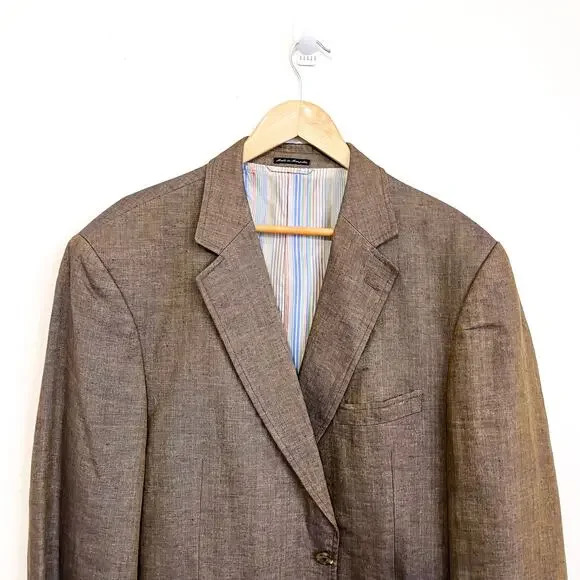Ibiza Mens Blazer Size‎ 46L Tan Blue Herringbone 100% Linen 2 Button Sport Coat